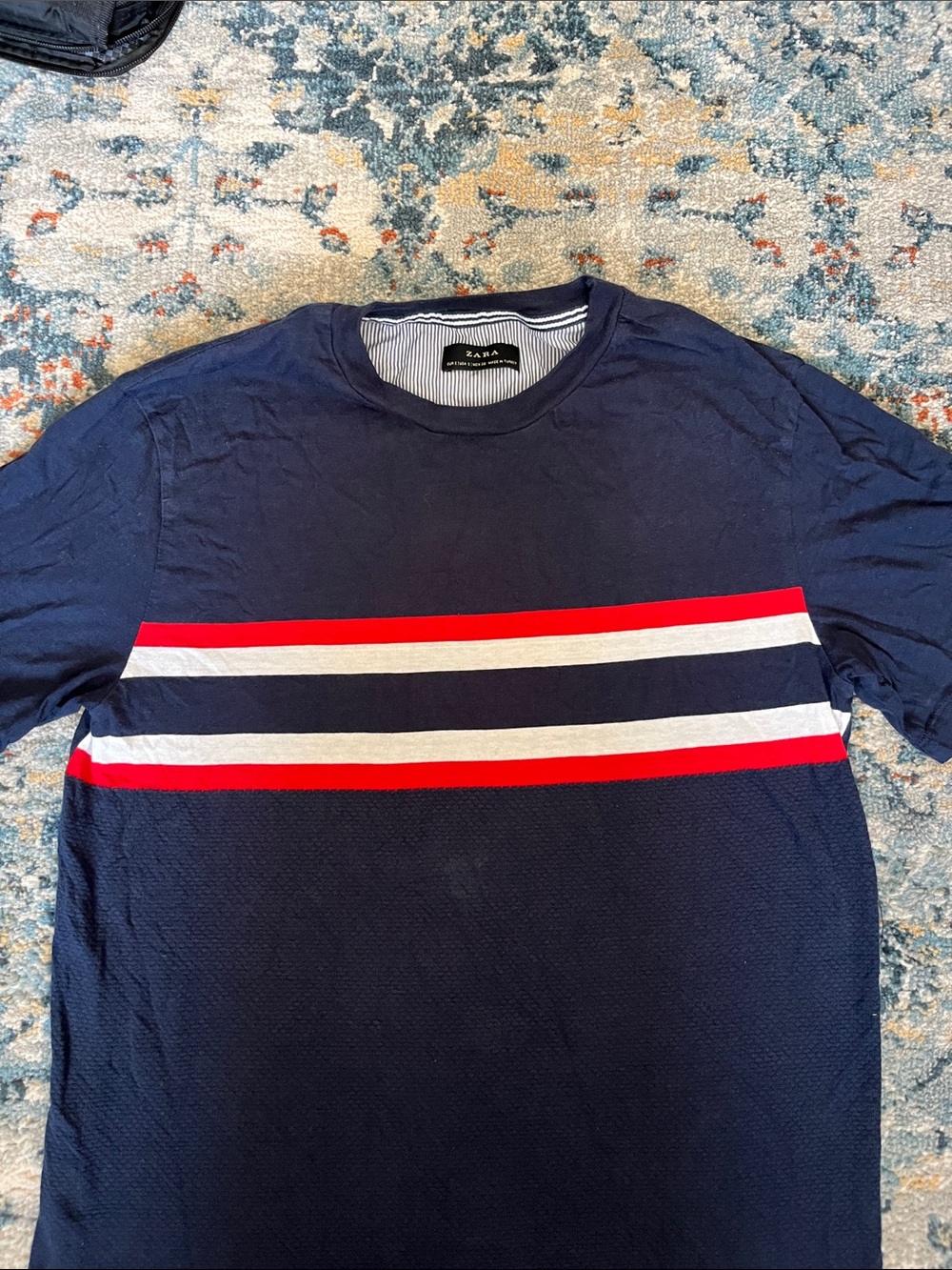 Zara Navy Tee with Red and White Chest Stripes